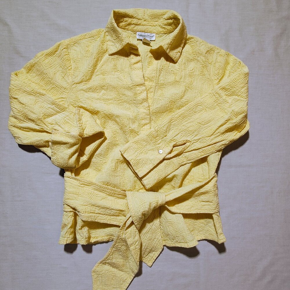 Coldwater Creek Women's Medium Yellow Embroidered Crinkled Button-down Blouse‎